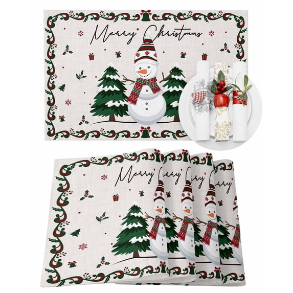 Merry Christmas Placemats Set of 8 Winter Snowman Pine Trees Leaf Retro Linen Heat Insulation Washable Place Mats, Rustic Non-Slip Table Mats for Dining Table Party Kitchen Decor,13x19 Inch