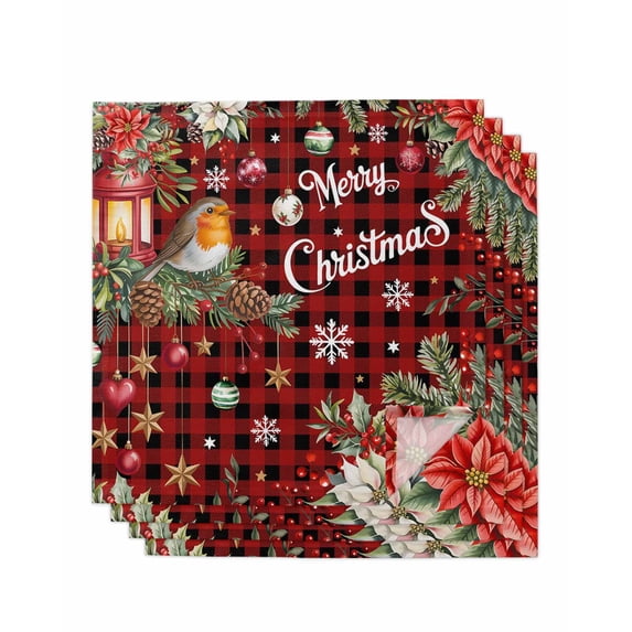 Merry Christmas Plaid Cloth Napkins Set of 4 Reusable Dinner Napkins, Checkered Xmas Tree Snowflake Poinsettia Cocktail Napkin Washable Table Napkins for Wedding/Holiday Party/Baby Shower 20"x20"