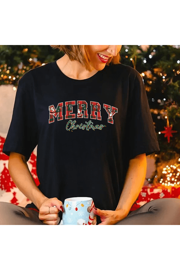 Merry Christmas Plaid T-Shirt, Festive Santa Holiday Graphic Tee — Perfect for Christmas Celebrations