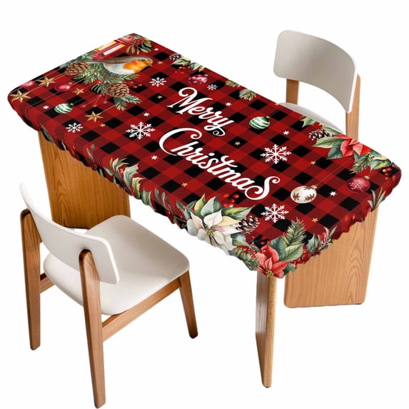 Merry Christmas Plaid Table Cloths for 4 Foot Rectangle Tables, Checkered Xmas Tree Snowflake Poinsettia Patio Waterproof Elastic Fitted Tablecloths, Washable Rectangular Table Cover for Camping