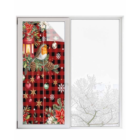 Merry Christmas Plaid Window Privacy Film Stained Glass Window Film Decorative Windows Cover Static Windows Cling for Glass Checkered Xmas Tree Snowflake Poinsettia Stickers for Bathroom 23.6"x59"
