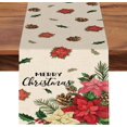 thumbnail image 1 of Merry Christmas Poinsettia Flower Dining Table Runner, Xmas Floral Pine Cone Holly Red Berries Burlap Kitchen Decoration, Winter Holiday Indoor Outdoor Home Decor Party Supply 13 x 72 Inches, 1 of 3