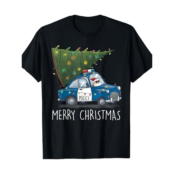 Merry Christmas Police Car Xmas Tree Police Officers T-Shirt 220G 100% Cotton T-Shirt
