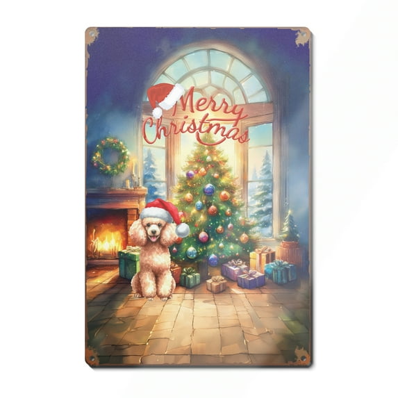 Merry Christmas Poodle Santa Hat Xmas Tree Winter Holiday Vertical Metal Aluminum Sign Poodles Dog Lover Gifts Idea Wall Art Home Decor - 01013