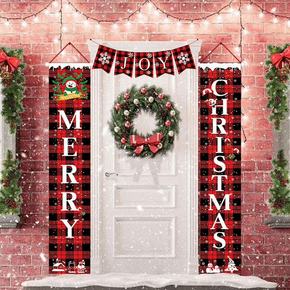 Merry Christmas Porch Sign, Welcome Snowman Joy Christmas Banners, Red Black Buffalo Plaid Porch Signs, Christmas Decorations for Home Wall Front Door Indoor and Outdoor