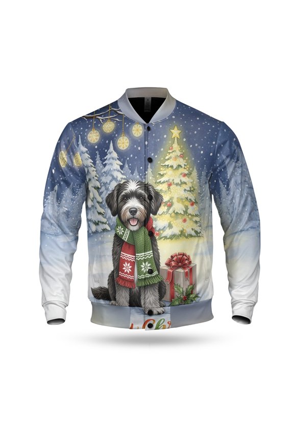 Merry Christmas Portuguese Water Dog Snowy Winter with Gifts Tree Decorations All Over Print 3D Baseball Jacket PWD Portie Fishing Dog Lover Bomber Jacket Softball - 12020