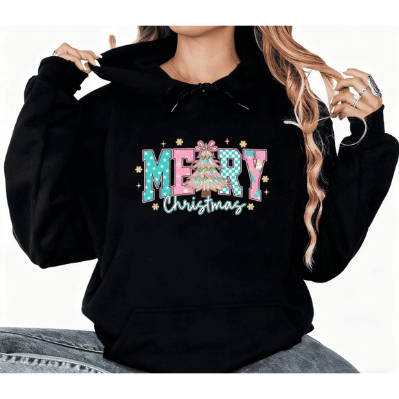Merry Christmas Print Hoodie Black Cute Holiday Graphic Sweatshirt S-2XL Winter Tops