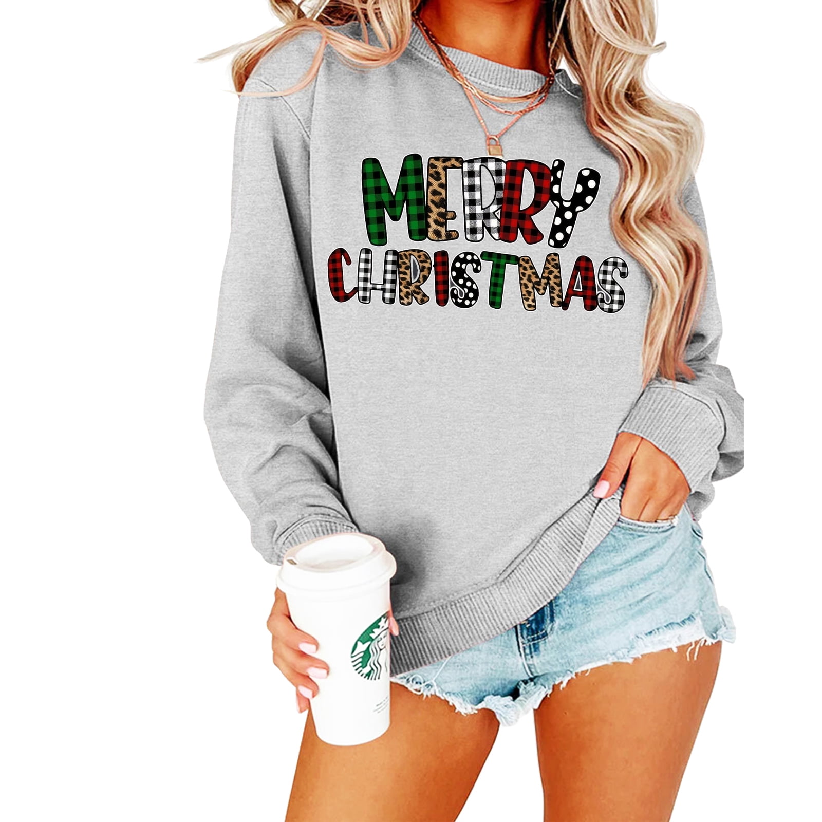 Merry Christmas Print Sweatshirt, Casual Long Sleeve Crew Neck ...