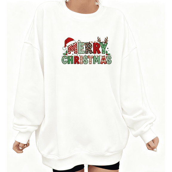 Merry Christmas Print Sweatshirt White Holiday Graphic Sweatshirt S-3XL Winter Printing Trendy Tops