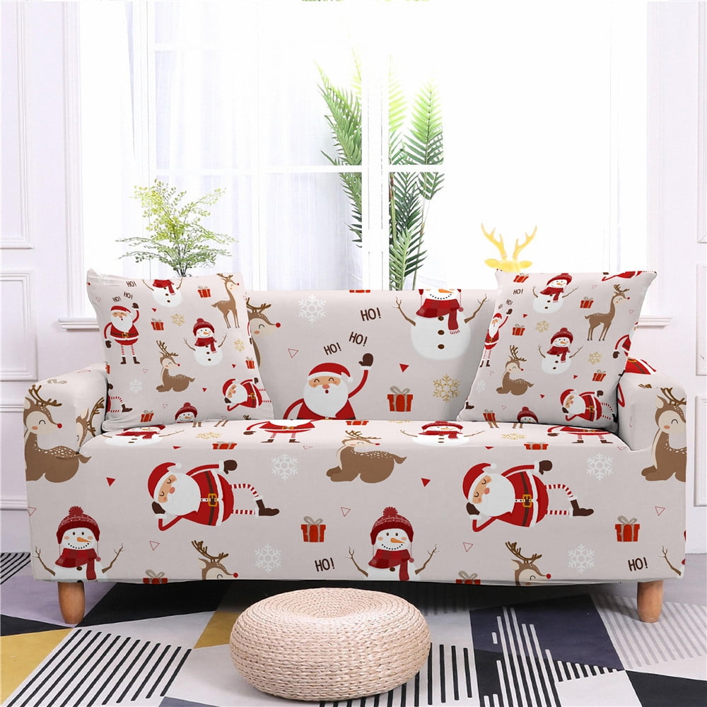 Merry Christmas Printed Sofa Cover, Elk Santa Claus Snowman printing