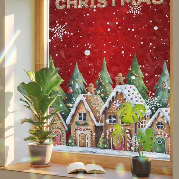 Merry Christmas Privacy Window Film, Decorative Stained Glass Window Film, Winter Trees Xmas Snowflake Gingerbread Resuable Rainbow Static Cling for Home Bathroom Living Room Glass Door 17.7"x39.3"