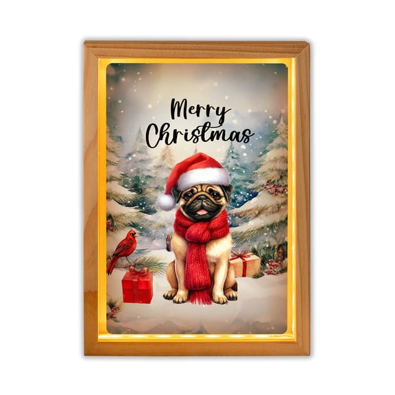 Merry Christmas Pug Enjoys Woofmas Winter Xmas Holiday Acrylic Plaque with Wood Photo Frame Box Dog Lover Gifts Light Box - 02022