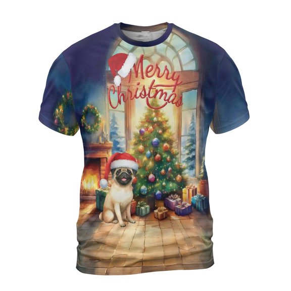 Merry Christmas Pug Santa Hat Xmas Tree Winter Holiday All Over Print 3D Shirt Unisex Merch Dog Lover Gifts - 01013