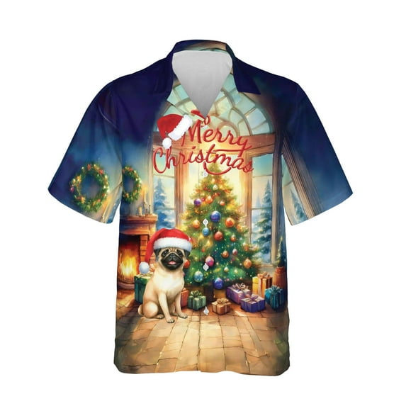Merry Christmas Pug Santa Hat Xmas Tree Winter Holiday Hawaiian Shirt Breathable Summer Unisex Merch Dog Lover Gifts - 01013