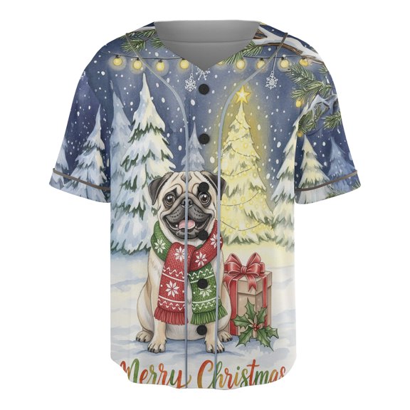 Merry Christmas Pug Snowy Winter with Gifts Tree Decorations All Over Print 3D Baseball Shirt Dog Lover Gifts Softball Sport - 12020