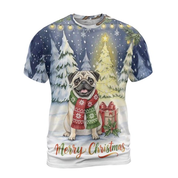 Merry Christmas Pug Snowy Winter with Gifts Tree Decorations All Over Print 3D Shirt Unisex Merch Dog Lover Gifts - 12020
