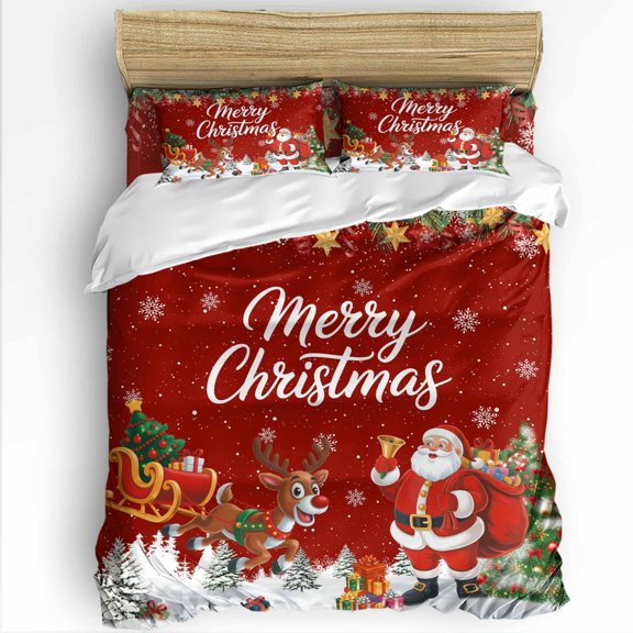 Merry Christmas Queen Size Comforter Set, Santa Claus Reindeer Snowing Xmas Star Red Soft Bedding for All Seasons, 4 Pcs Bed Set with 1Comforter (90"x92") ,1 Sheet(94"x116"), 2 Pillowcases (19"x29")