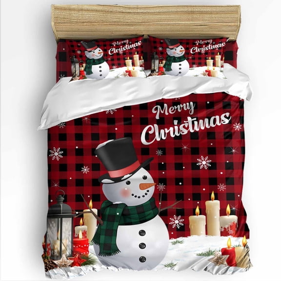 Merry Christmas Queen Size Comforter Set, Winter Snowman Candle Red Plaid Soft Bedding for All Seasons, 4 Pcs Bed Set with 1Comforter (90"x92") ,1 Sheet(94"x116"), 2 Pillowcases (19"x29")