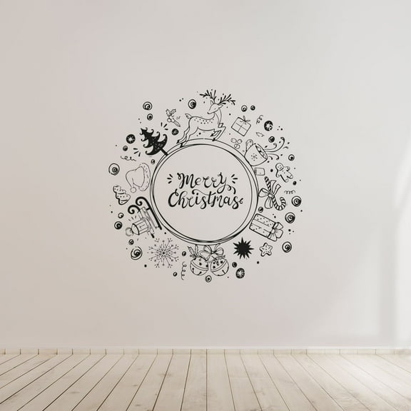 Merry Christmas Quote Christmas Icons Wreath Holiday Seasons Merry Christmas Santa Claus Quotes Vinyl Design Wall Sticker Art Decal Boys Girls Room Bedroom Decors Stickers Decoration Size (20x20 inch)