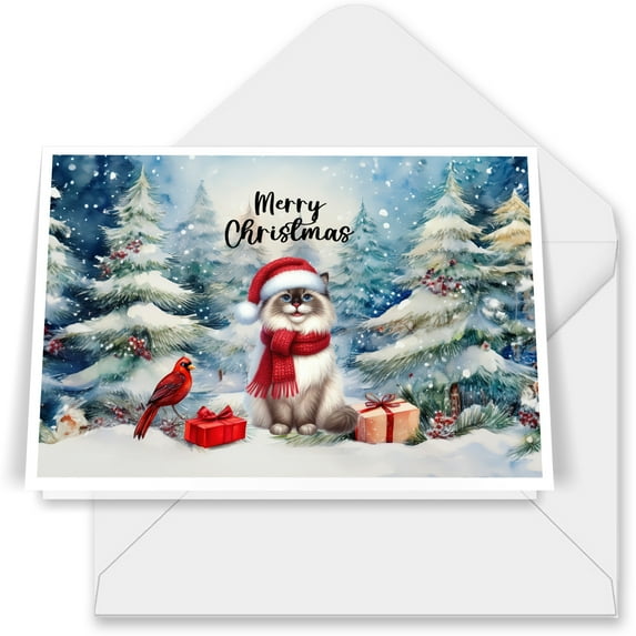 Merry Christmas Ragdoll Enjoys Catmas Winter Xmas Holiday 7x5in Folded Greeting Card Cat Lover Kitten Owner Gifts Idea Single Note Card with Envelope - 02022