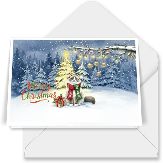 Merry Christmas Ragdoll Snowy Winter with Tree Decorations 7x5in Folded Greeting Card Cat Lover Kitten Owner Gifts Idea Single Note Card with Envelope - 12020