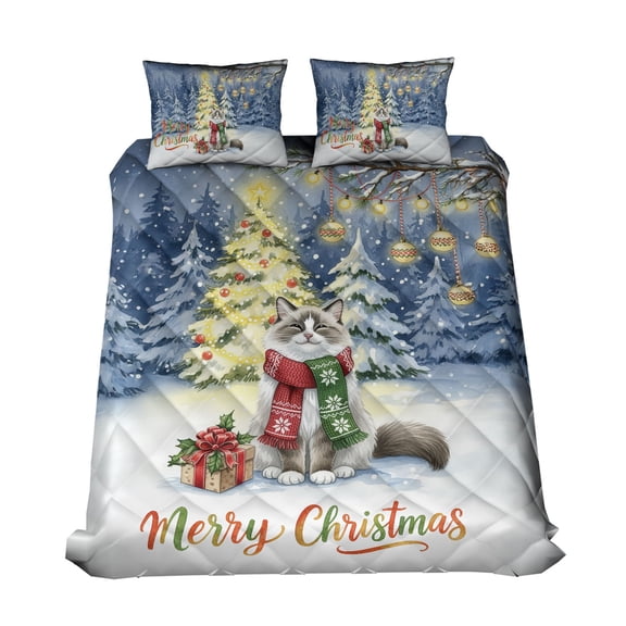 Merry Christmas Ragdoll Snowy Winter with Tree Decorations Quilt Bedding Set Cat Lover Kitten Owner Gifts Idea 1 Blanket Bed Cover 2 Pillowcases - 12020