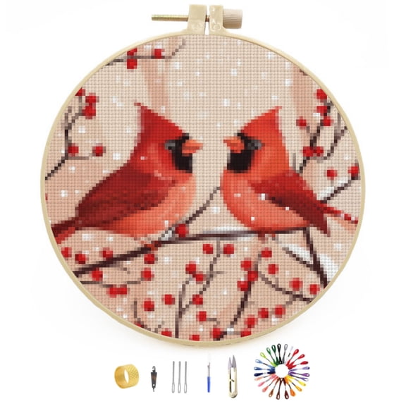 Merry Christmas Red Cardinal Birds DIY Stamped Cross Stitch Kits Easy for Beginners with Hoop 11CT Counted Embroidery Needlepoint Crafts Arts for Handmade Enthusiasts and Home Decor 30x30cm(12)