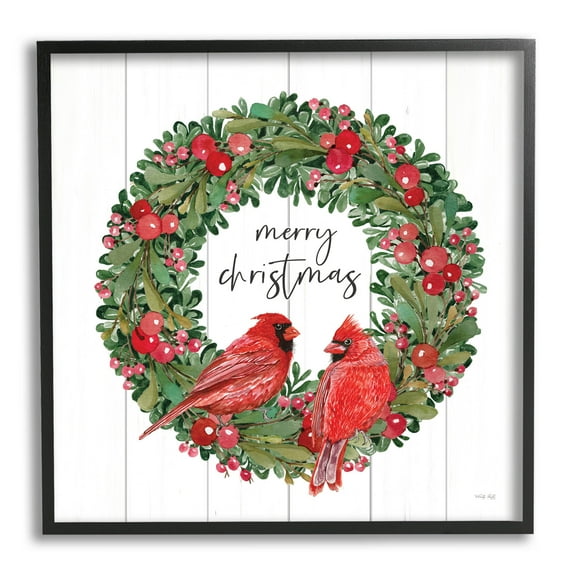 Merry Christmas Red Cardinal Wreath Holiday Graphic Art Black Framed Art Print Wall Art