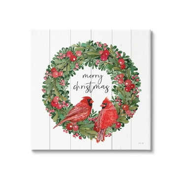 Merry Christmas Red Cardinal Wreath Holiday Graphic Art Gallery Wrapped Canvas Print Wall Art