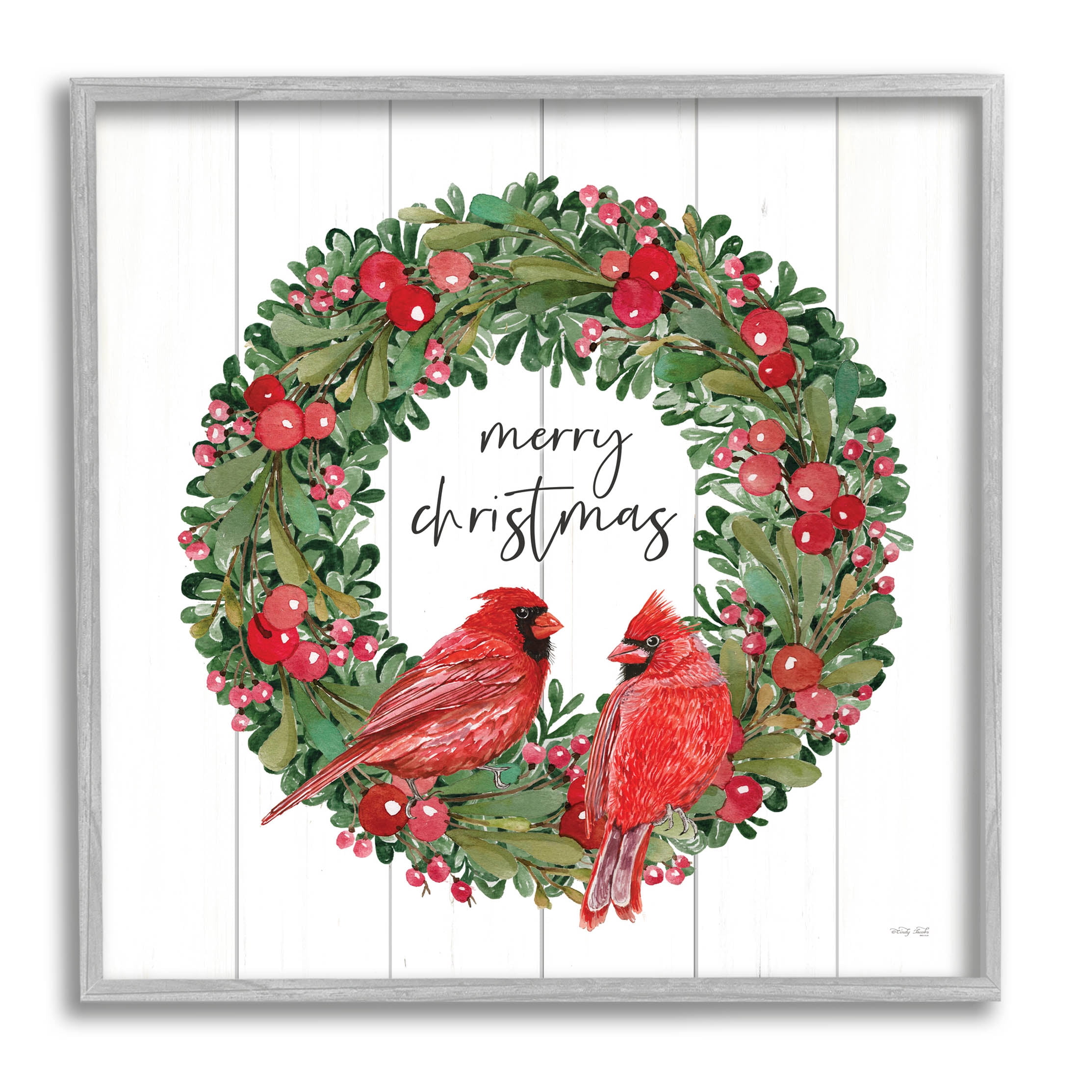 Merry Christmas Red Cardinal Wreath Holiday Graphic Art Gray Framed Art Print Wall Art