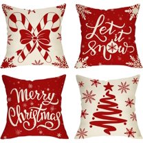 Merry Christmas Red Decorative Throw Pillow Covers 18 x 18 Set of 4, Xmas Tree Peppermint Candy Cane Porch Outdoor Home Decor, Let It Snow Winter Holiday Snowflake Sofa Couch Cushion Case
