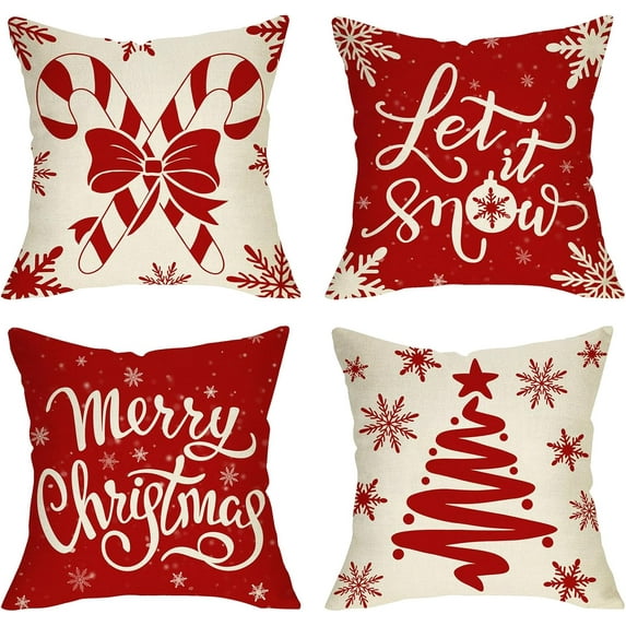 Merry Christmas Red Decorative Throw Pillow Covers 18 x 18 Set of 4, Xmas Tree Peppermint Candy Cane Porch Outdoor Home Decor, Let It Snow Winter Holiday Snowflake Sofa Couch Cushion Case