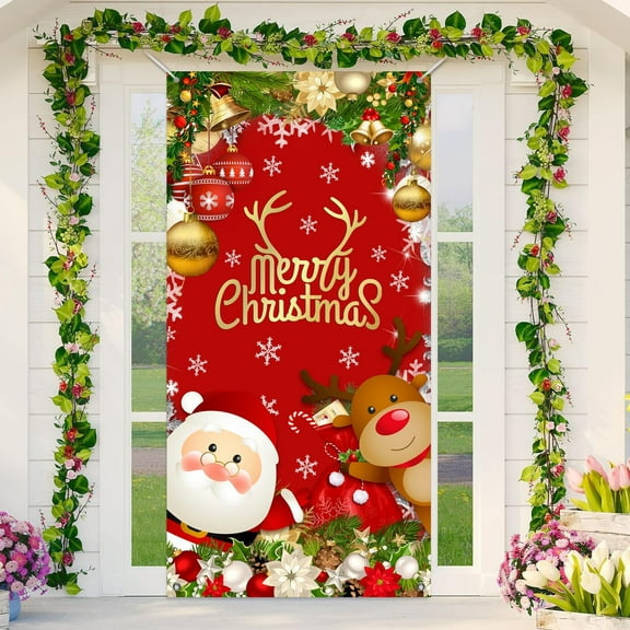 Merry Christmas Red Door Cover Background Winter Xmas Cute Santa Reindeer Door Cover Banner Christmas Balls Snowflake Background Front Door Christmas Hanging Decorations,36X72IN