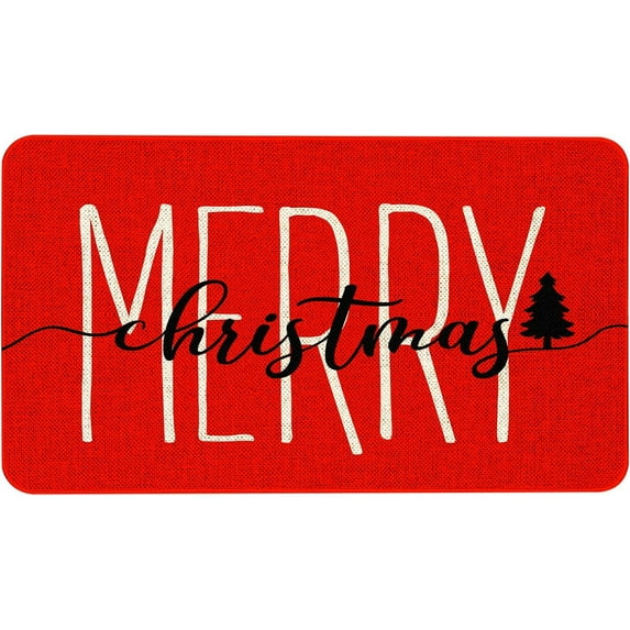 Merry Christmas Red Door Mat Funny Text Indoor Mat, Winter Holiday Creative Decorative Seasonal Burlap Welcome Floor Mat Switch Mat for Outdoor 17 x 30 in