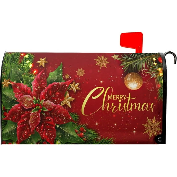 Merry Christmas Red and Gold Mailbox Covers Magnetic Red Poinsettia Outdoor Mailbox Cover Standard Size 18 X 21 Christmas Holiday Mailbox Wrap Post Letter Box Cover Decor for Home Garden Yard