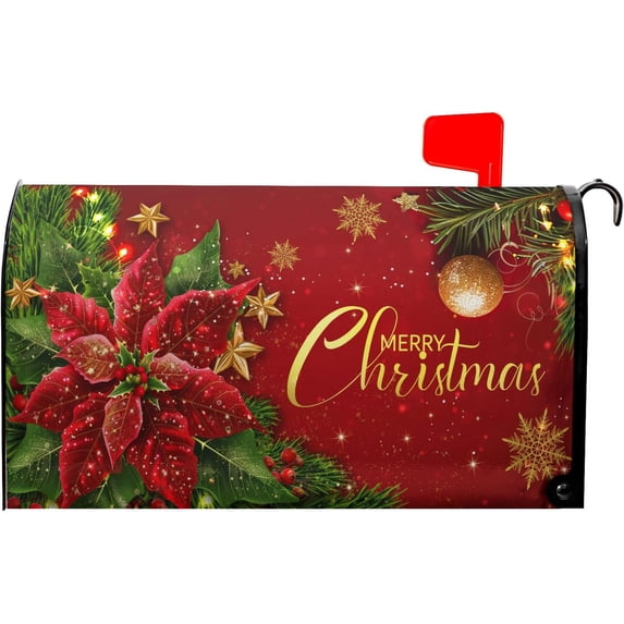 Merry Christmas Red and Gold Mailbox Covers Magnetic Red Poinsettia Outdoor Mailbox Cover Standard Size 25.5 x 21 Christmas Holiday Mailbox Wrap Post Letter Box Cover Decor for Home Garden Yard