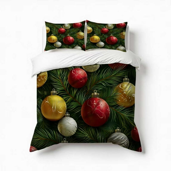 Merry Christmas Red Green Ornaments Pattern Bedding Set 3 Pcs Soft Microfiber Quilt Cover For Bedroom Decor, Comforter Cover With 2 Pillowcase