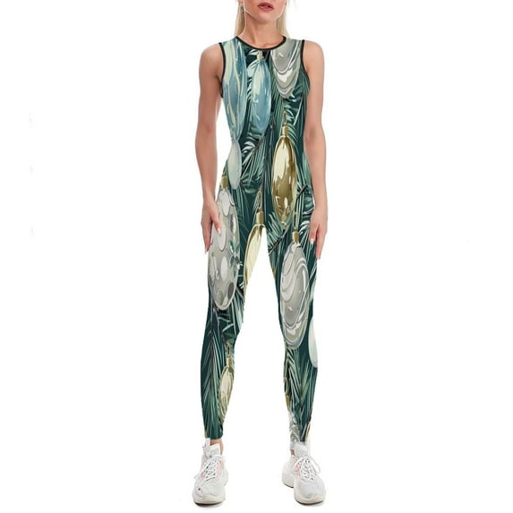 Merry Christmas Red Green Ornaments Pattern Women's One Piece Yoga Jumpsuits Leggings Playsuit Gym Suit Fitness Running Athletic Clothes Gym Wear Set