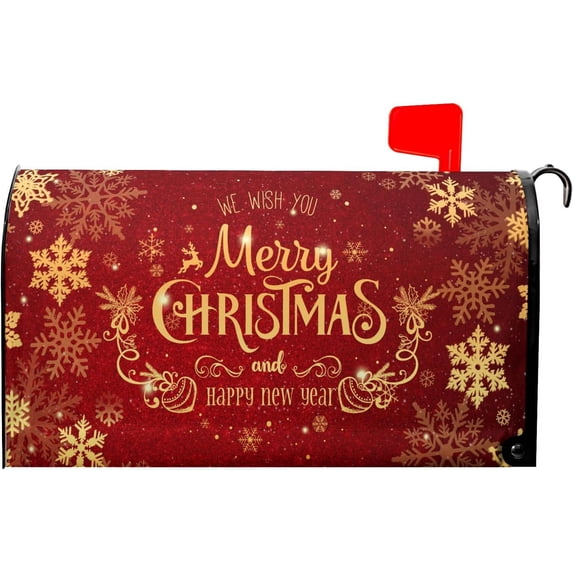 Merry Christmas Red Mailbox Cover Magnetic Standard Size 18" X 21" Happy New Year Winter Snowflakes Mailbox Covers Christmas Decor Magnetic Mailbox Covers Post Letter Box Wrap Cover for Outdoor Decor