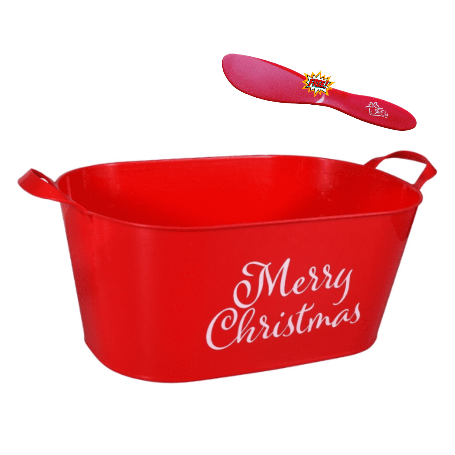 Merry Christmas Red Oval Bucket with Handle Sentiment Plastic Buckets