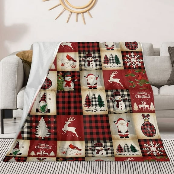 Merry Christmas Red Plaid Blanket Super Soft Flannel Fleece Throw Blankets Elk Santa Snowman Xmas Tree Plaid Blanket Cozy Warm Fuzzy Blankets for Couch Bed Sofa
