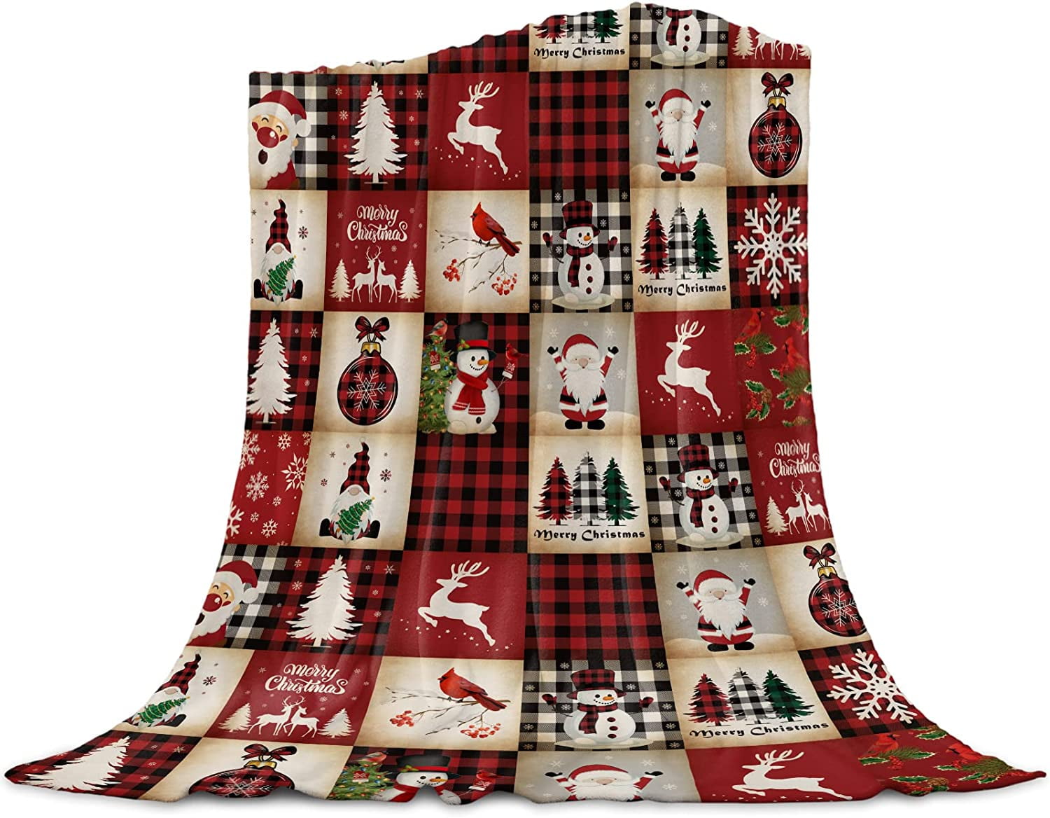 Merry Christmas Red Plaid Blanket Super Soft Flannel Fleece Throw Blankets Elk Santa Snowman Xmas Tree Plaid Blanket Lightweight Cozy Warm Fuzzy Plush Microfiber Blankets for Couch Bed Sofa 40x50inch
