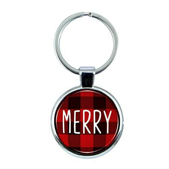 Merry Christmas Red Plaid Keychain with Epoxy Dome and Metal Keyring
