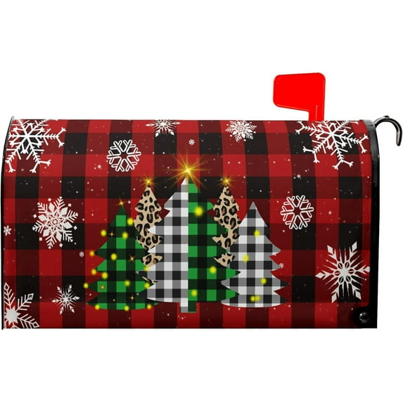 Merry Christmas Red Plaid Tree Mailbox Covers Magnetic Red Winter Tree Outdoor Mailbox Cover Standard Size 25.5 x 21 Snowflakes Holiday Mailbox Wrap Post Letter Box Cover Decor for Home Garden