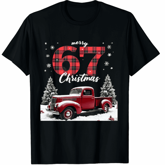 Merry Christmas Red Plaid Truck 67 Christmas T-Shirt (Men's, Women's)