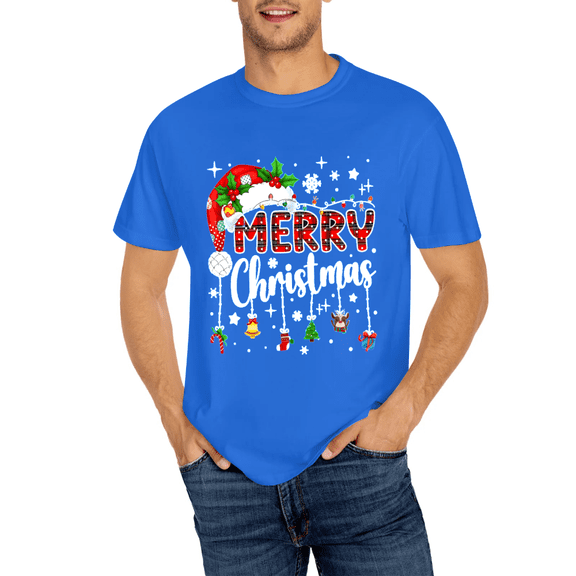 Merry Christmas Red Santa Hat Reindeer Xmas Matching Family T-Shirt Silver Blue Cotton T-Shirt XL