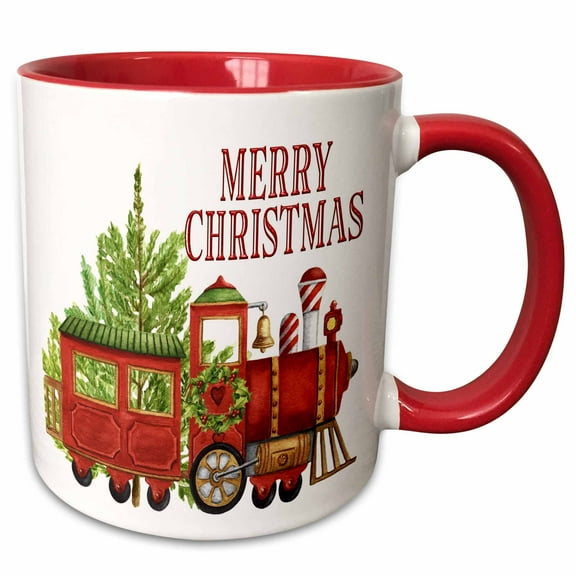 3drose, Merry Christmas Red Train and Tree, 15oz Two-tone Red Mug