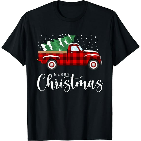 Merry Christmas Red Truck Buffalo Plaid Xmas Retro Vintage T-Shirt