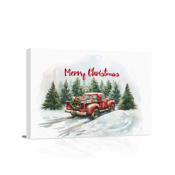 Merry Christmas Red Truck Canvas Print Wall Art Framed Canvas Art Wall Decor Forest Xmas Tree Present Winter Snow Pictures Painting Morden Artwork for Living Room Bedroom, Ready to Hang - 12"x16"