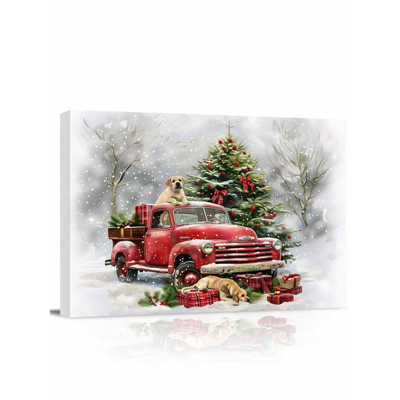 Merry Christmas Red Truck Canvas Print Wall Art Framed Canvas Art Wall Decor Xmas Tree Present Dog Winter Snow Pictures Painting Morden Artwork for Living Room Bedroom, Ready to Hang - 12"x16"